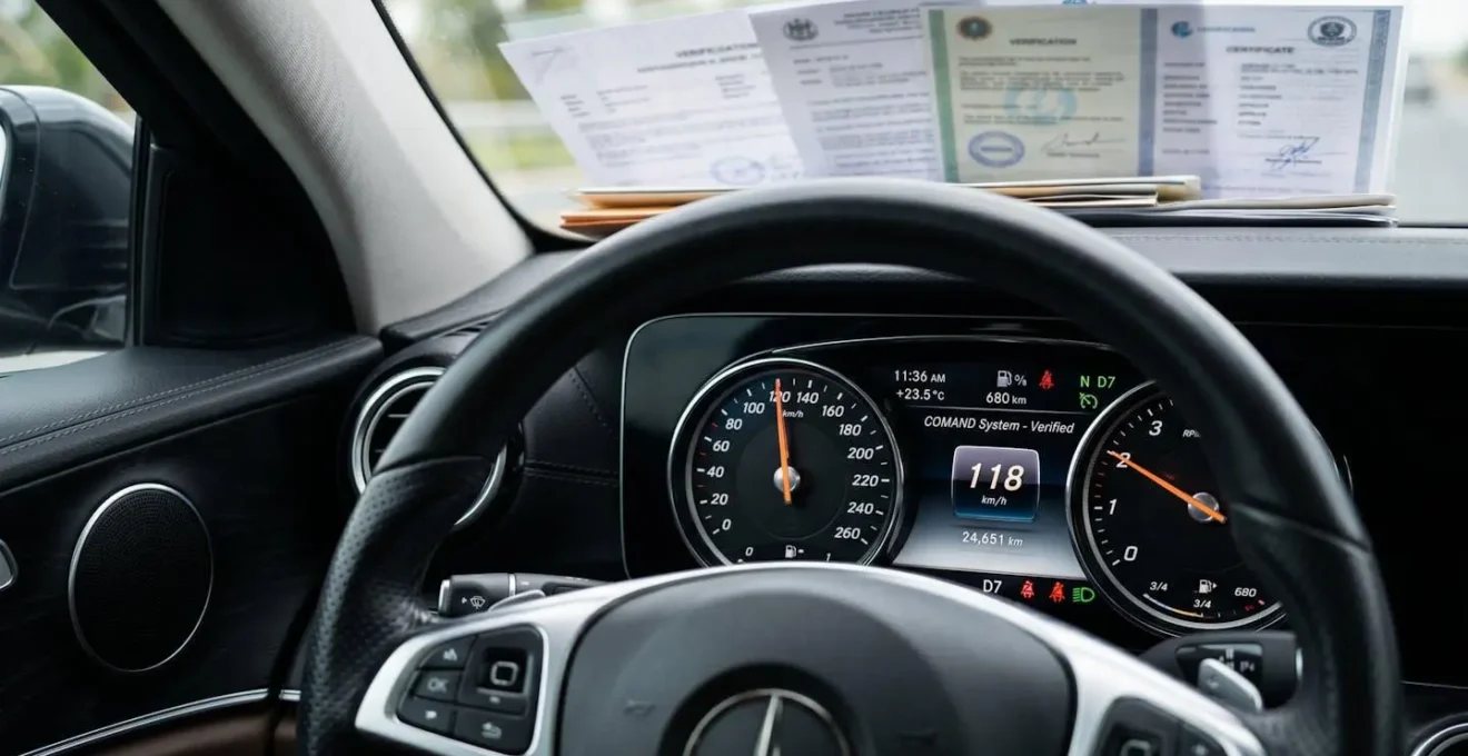 Gros plan sur un compteur de voiture de luxe avec des documents flous en arrière-plan symbolisant la vérification