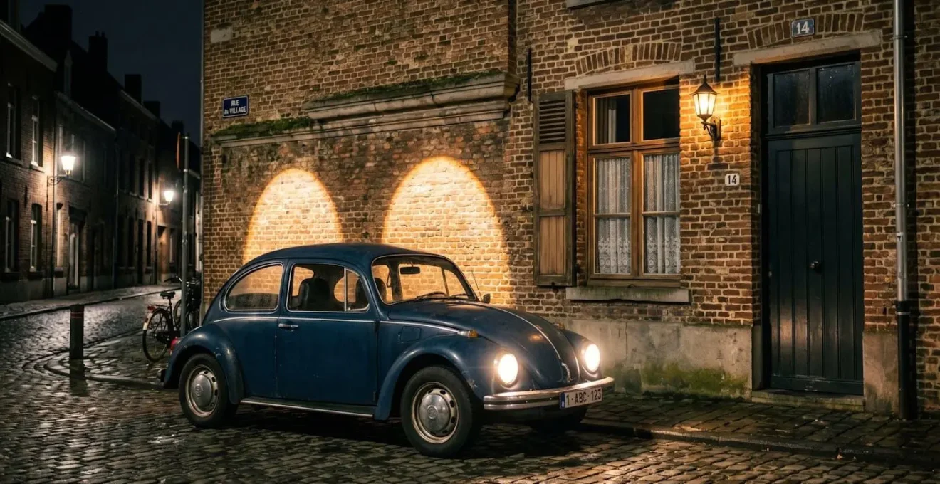 Voiture garée face à un mur de briques typiquement belge la nuit, faisceaux lumineux des phares projetés sur le mur