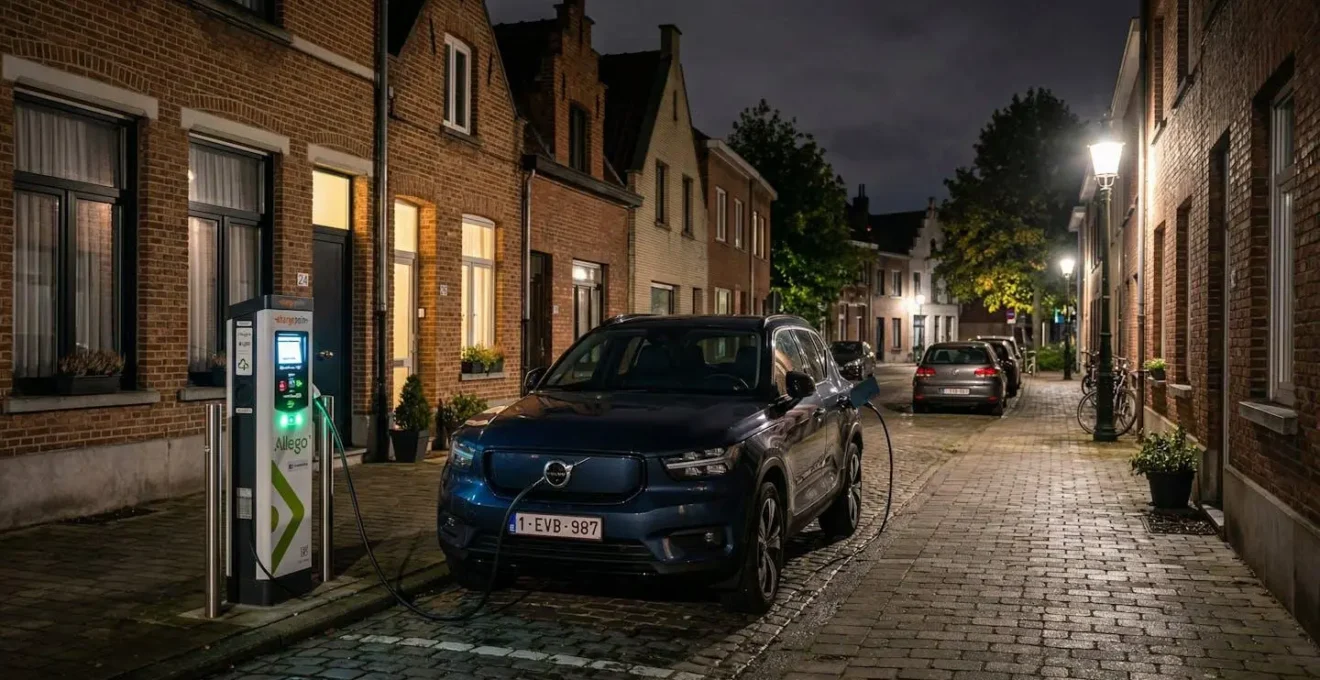 Voiture électrique en charge la nuit sur une borne publique dans une rue résidentielle belge