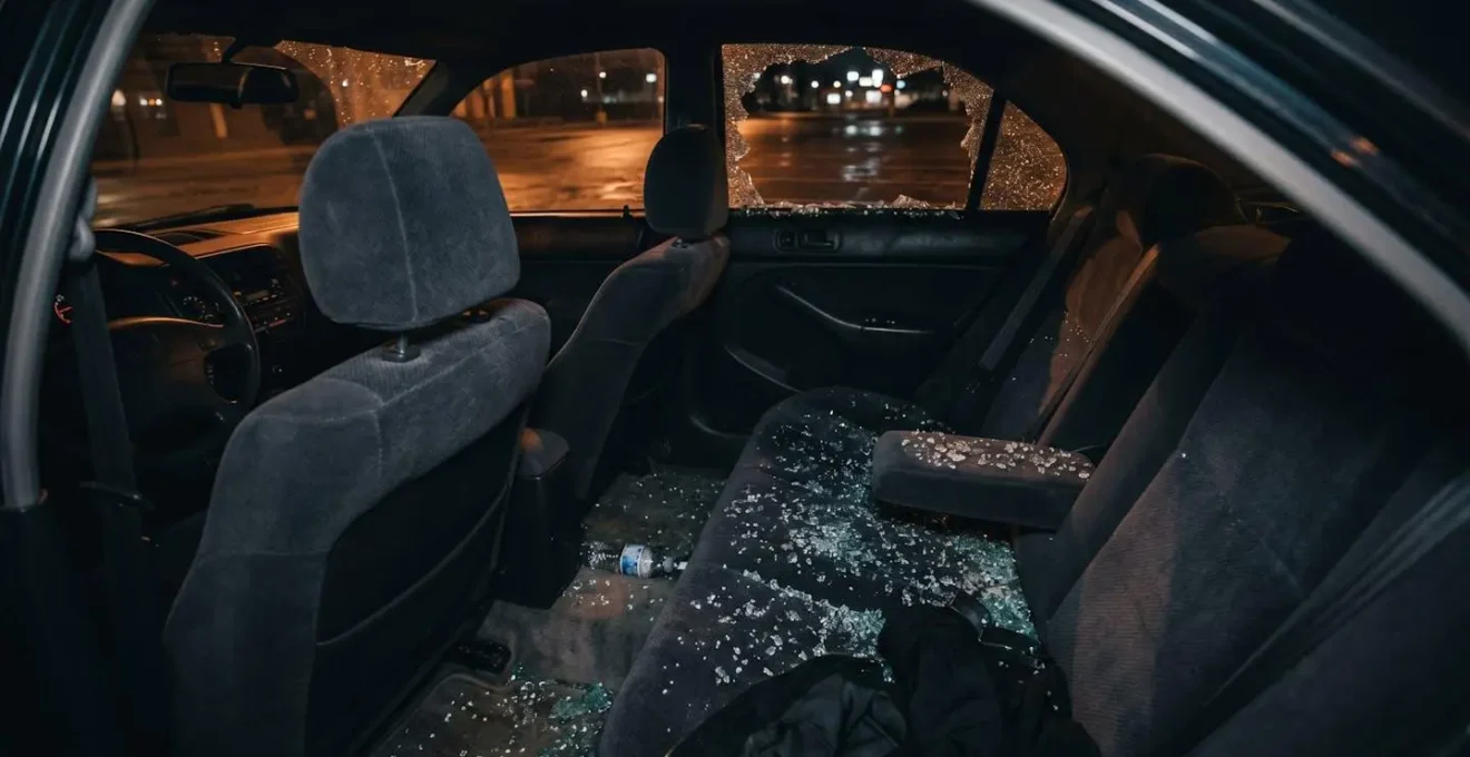 Intérieur de voiture avec vitre brisée et débris de verre, atmosphère sombre